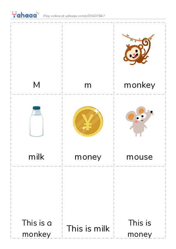 Picture flashcards worksheet for M, m, monkey and 7 more
