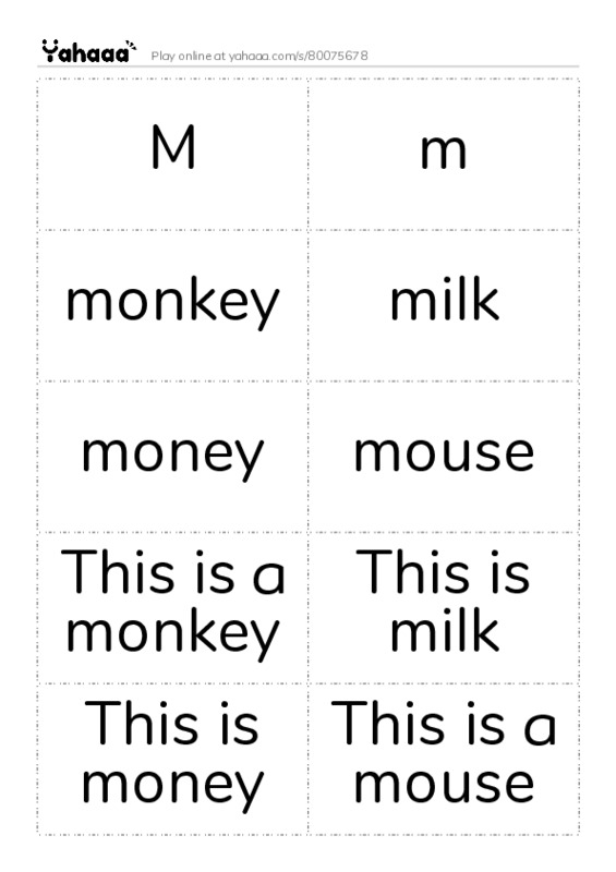 Word flashcards worksheet for M, m, monkey and 7 more
