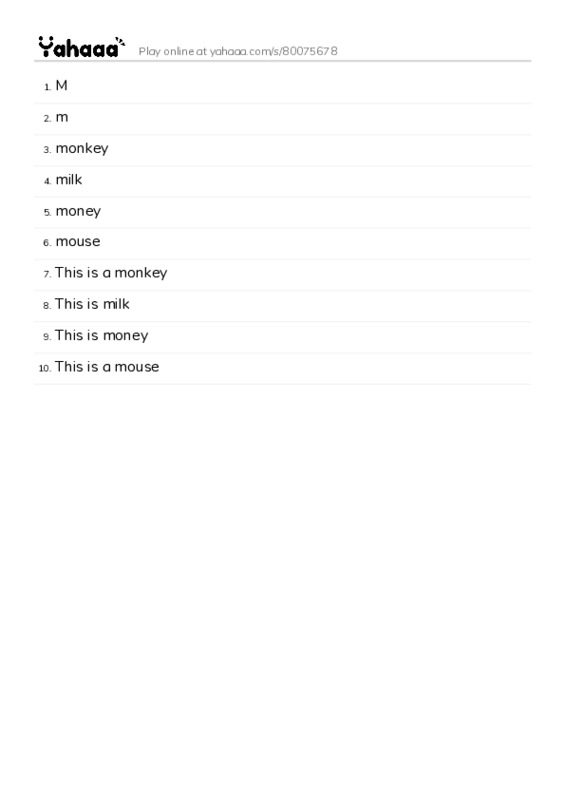 Word list with meanings worksheet for M, m, monkey and 7 more