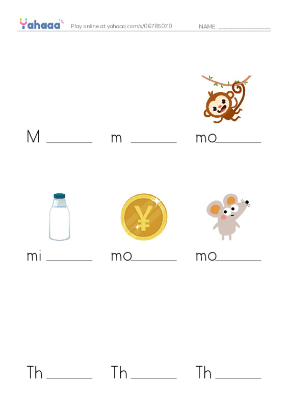 Finish the word worksheet for M, m, monkey and 7 more