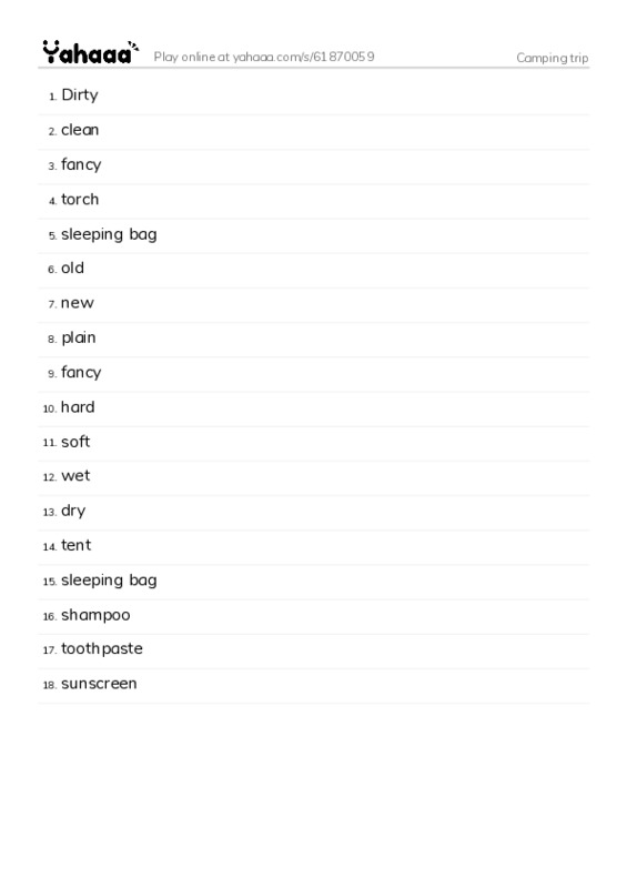 Word list with meanings worksheet for Camping trip