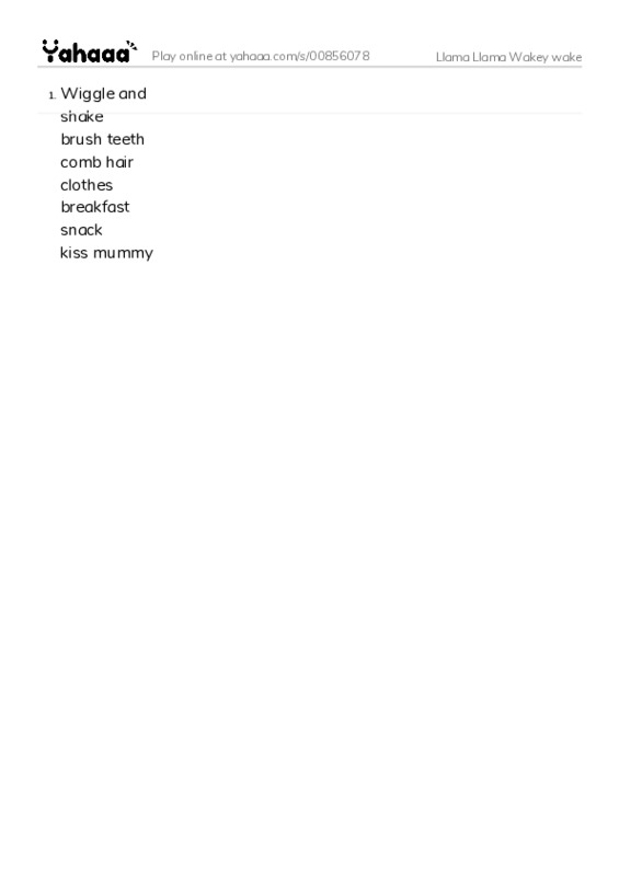 Word list with meanings worksheet for Llama Llama Wakey wake