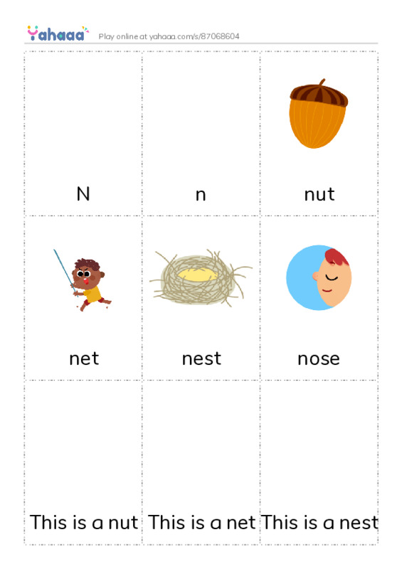 Picture flashcards worksheet for N, n, nut and 7 more