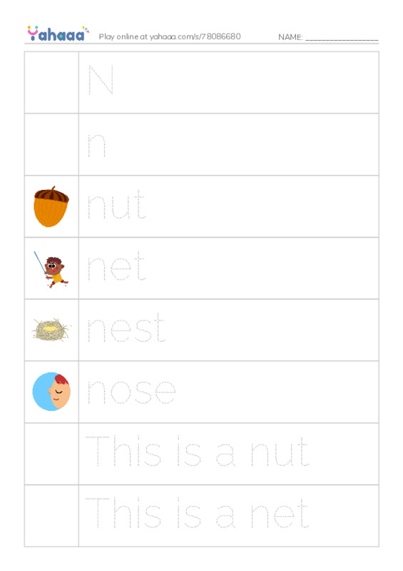 Picture and word rows worksheet for N, n, nut and 7 more