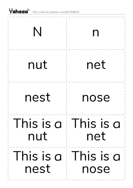Word flashcards worksheet for N, n, nut and 7 more