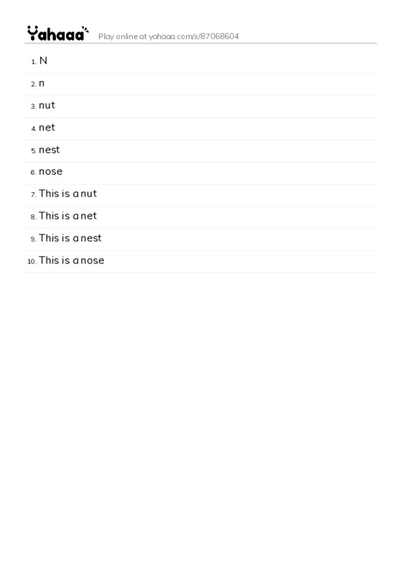 Word list with meanings worksheet for N, n, nut and 7 more