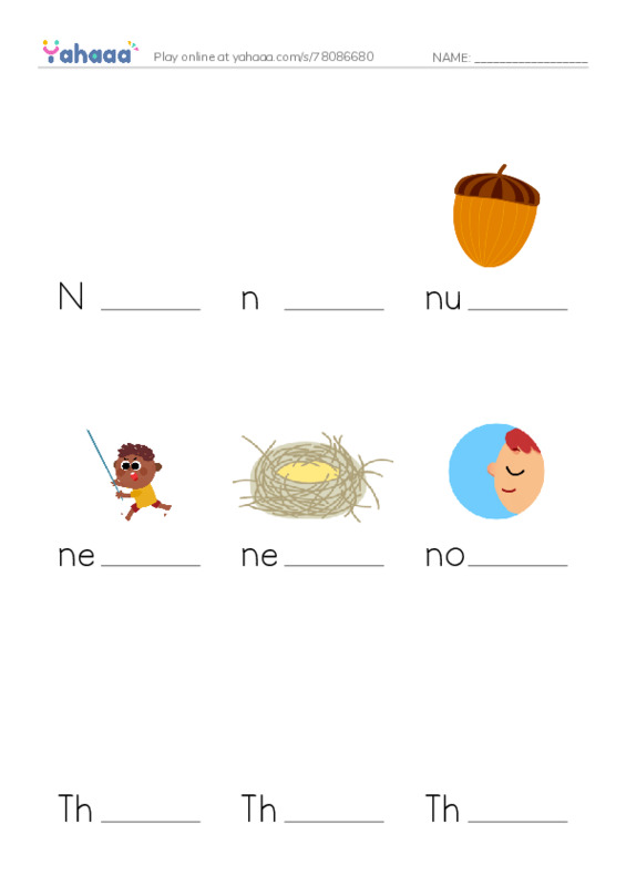Finish the word worksheet for N, n, nut and 7 more