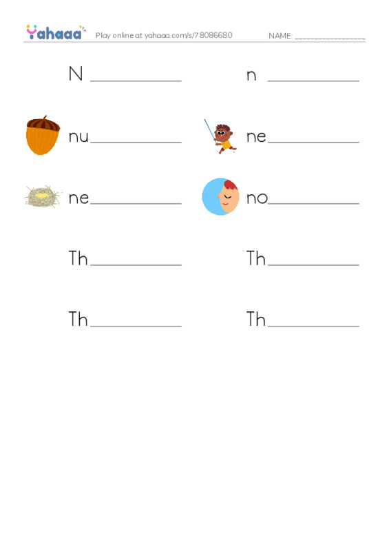 Write the word rows worksheet for N, n, nut and 7 more