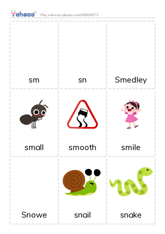 Picture flashcards worksheet for sm, sn, Smedley and 7 more