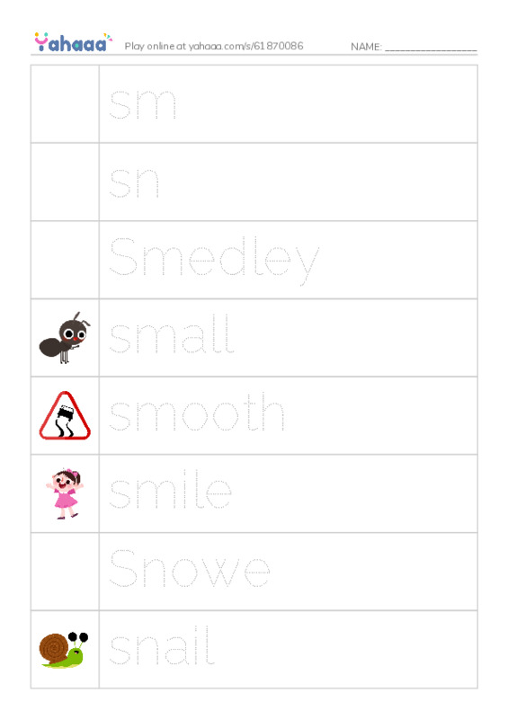 Picture and word rows worksheet for sm, sn, Smedley and 7 more