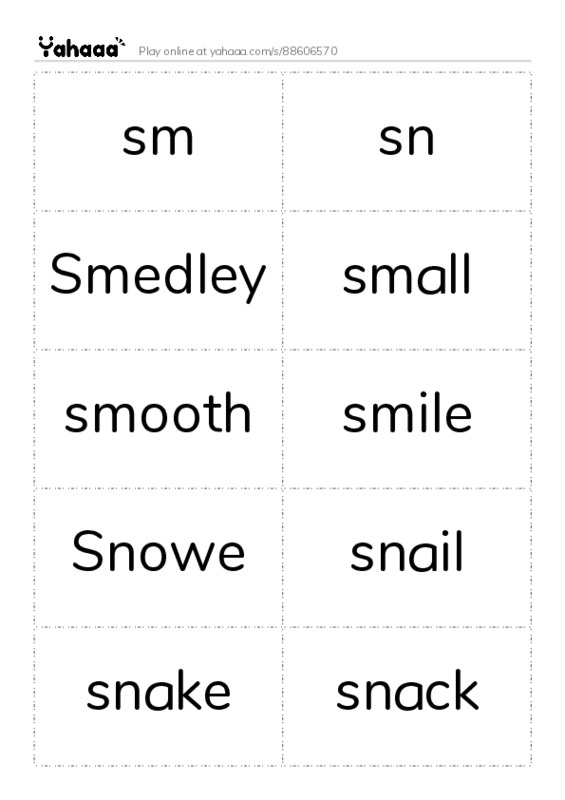 Word flashcards worksheet for sm, sn, Smedley and 7 more