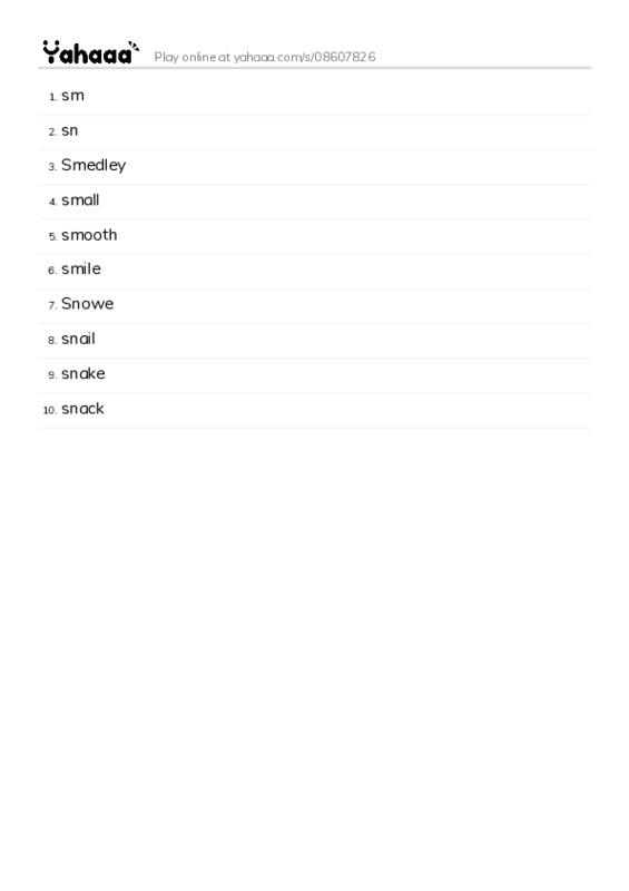 Word list with meanings worksheet for sm, sn, Smedley and 7 more