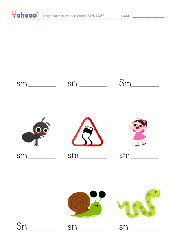 Finish the word worksheet for sm, sn, Smedley and 7 more