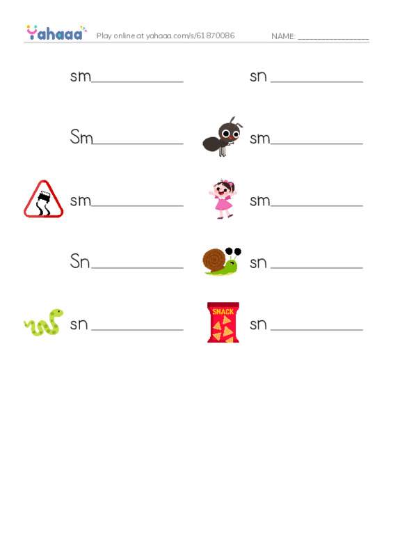 Write the word rows worksheet for sm, sn, Smedley and 7 more