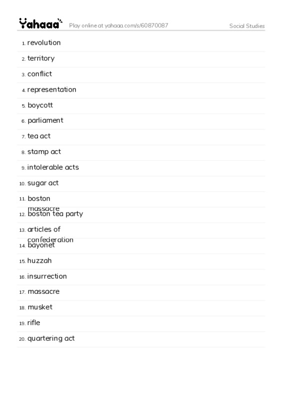 Word list with meanings worksheet for Social Studies