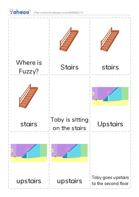 Picture flashcards worksheet for Where is Fuzzy?, Stairs, stairs and 10 more