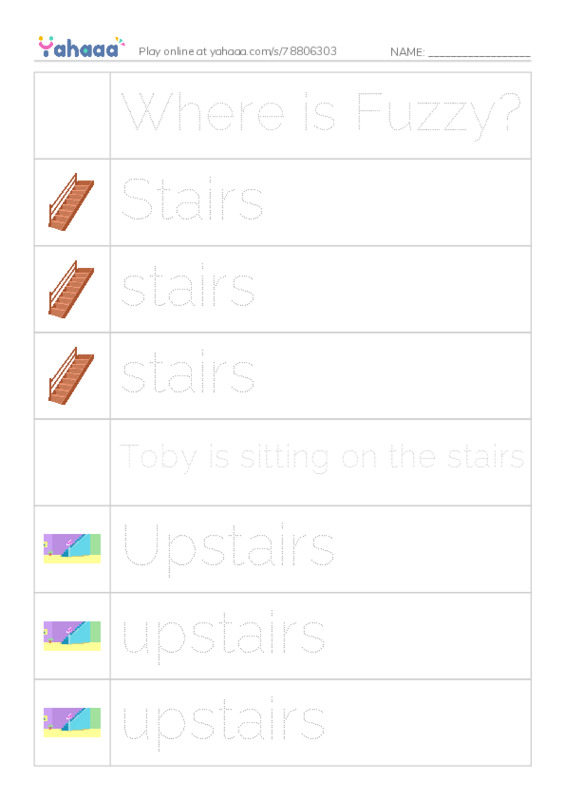 Picture and word rows worksheet for Where is Fuzzy?, Stairs, stairs and 10 more