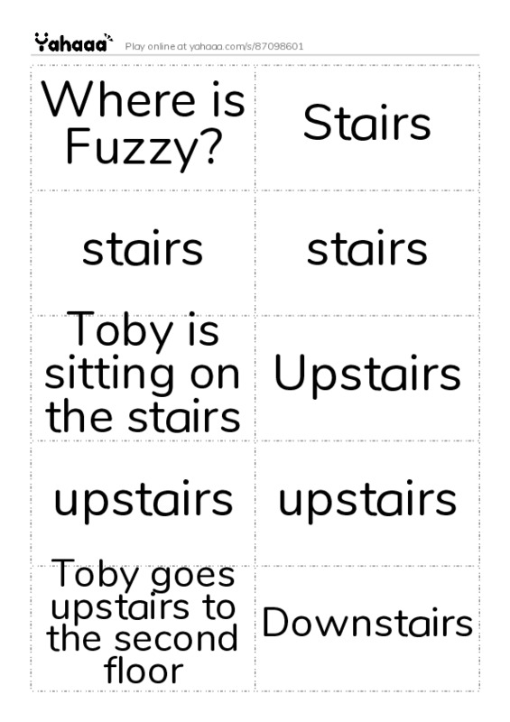 Word flashcards worksheet for Where is Fuzzy?, Stairs, stairs and 10 more
