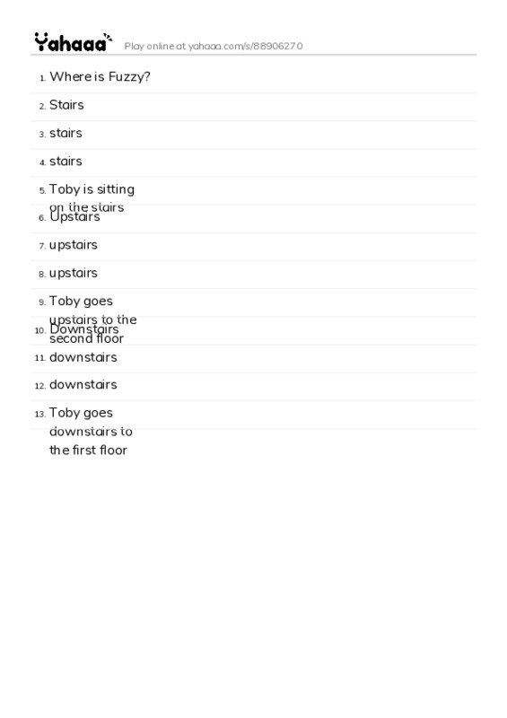Word list with meanings worksheet for Where is Fuzzy?, Stairs, stairs and 10 more