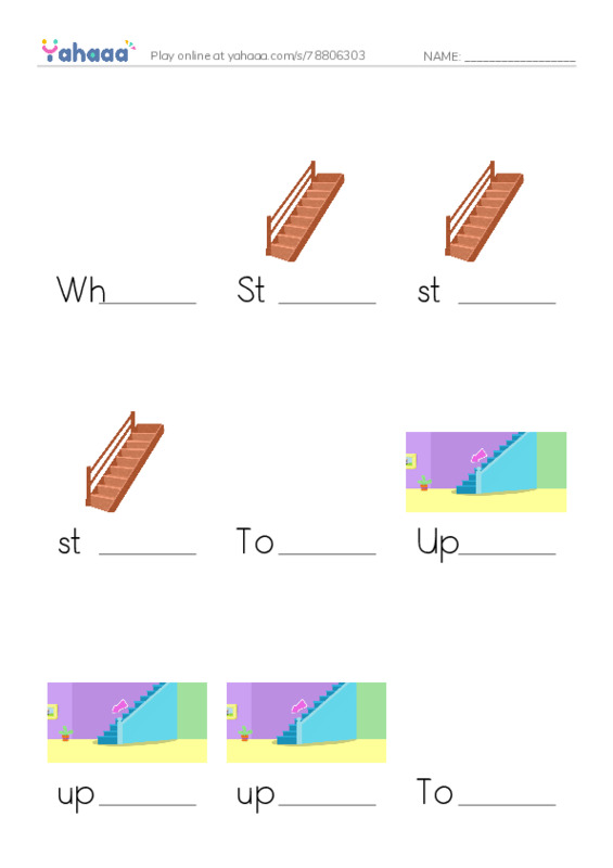 Finish the word worksheet for Where is Fuzzy?, Stairs, stairs and 10 more
