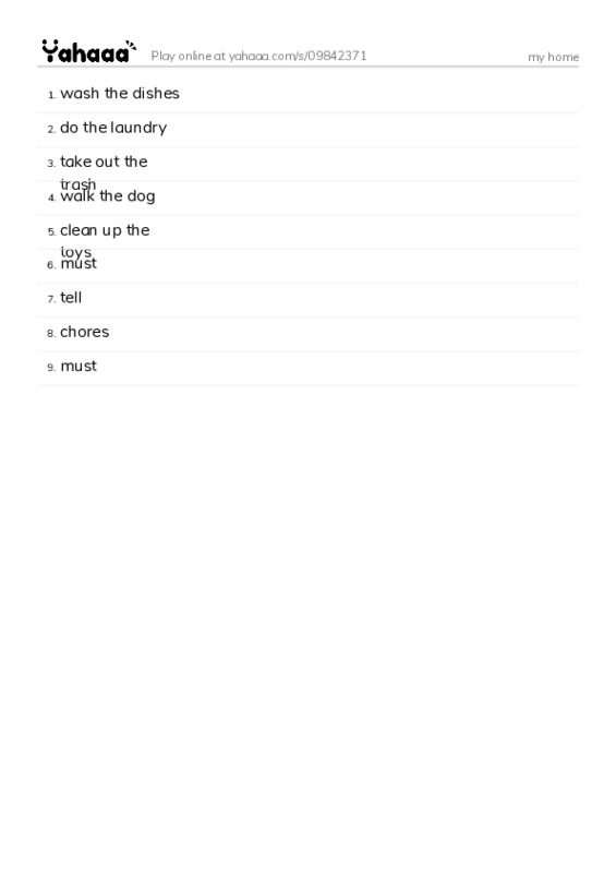 Word list with meanings worksheet for my home