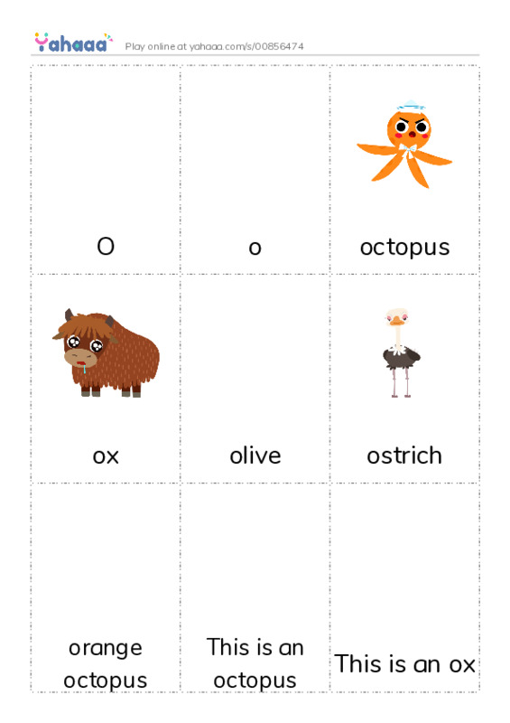 Picture flashcards worksheet for O, o, octopus and 8 more