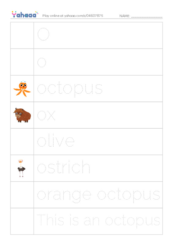 Picture and word rows worksheet for O, o, octopus and 8 more