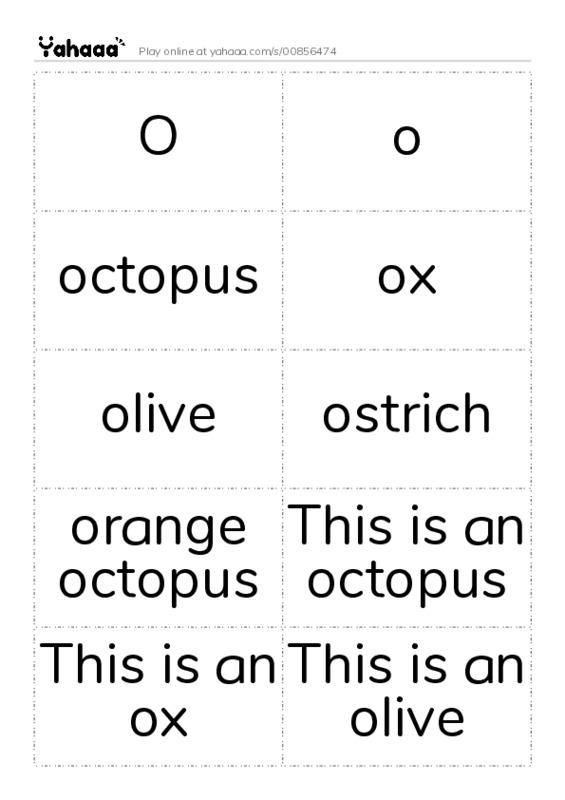 Word flashcards worksheet for O, o, octopus and 8 more