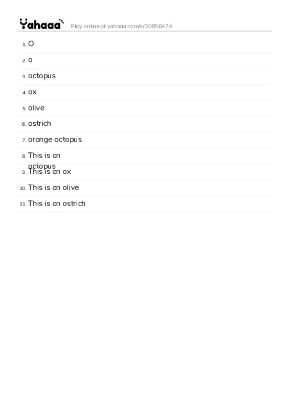 Word list with meanings worksheet for O, o, octopus and 8 more