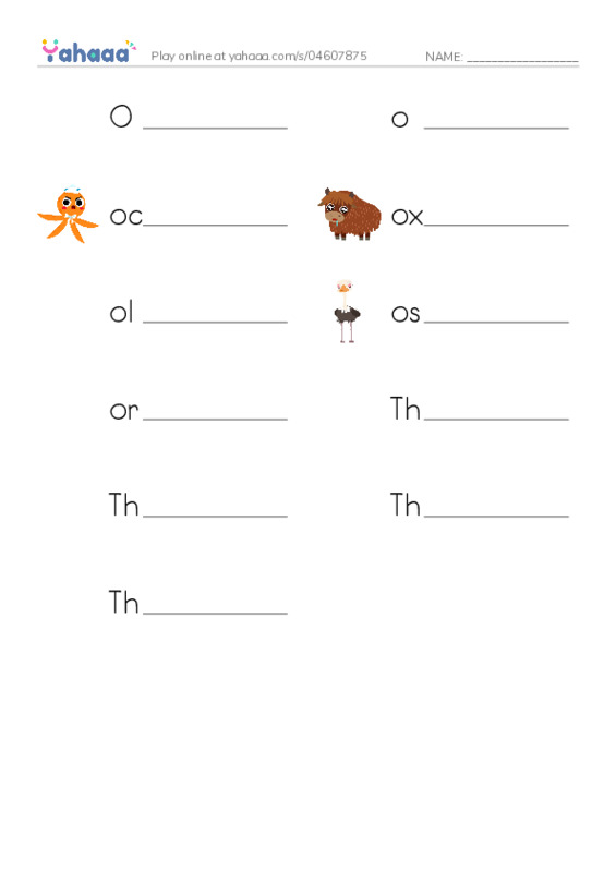 Write the word rows worksheet for O, o, octopus and 8 more