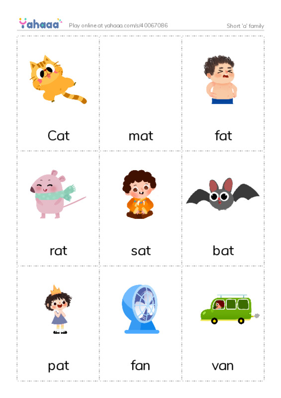 Picture flashcards worksheet for Short 'a' family