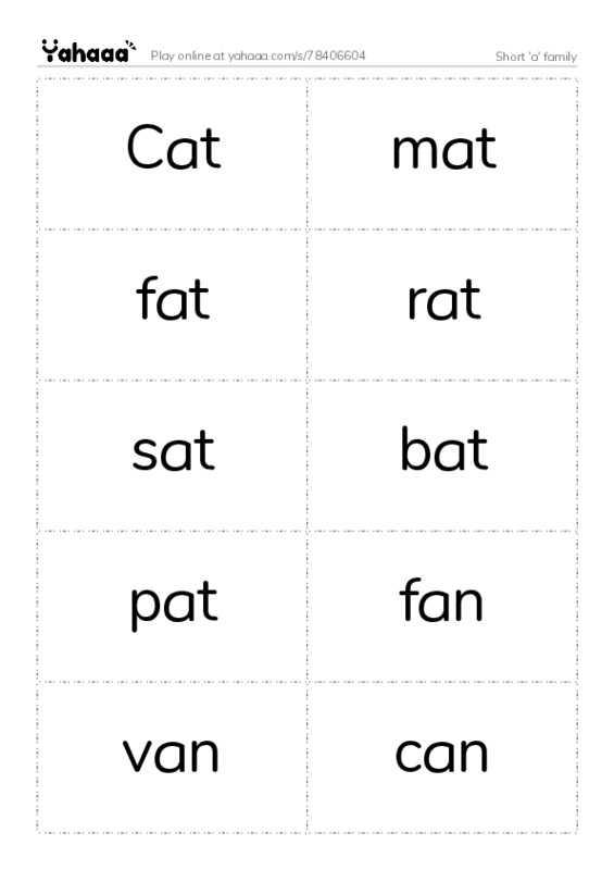 Word flashcards worksheet for Short 'a' family