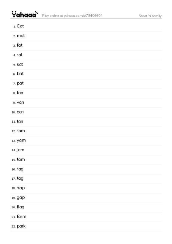 Word list with meanings worksheet for Short 'a' family