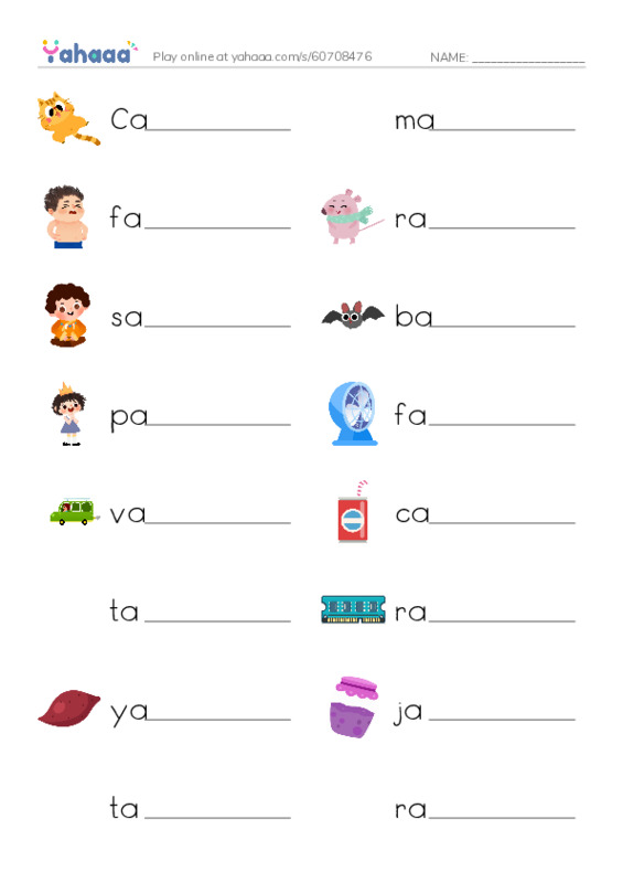 Write the word rows worksheet for Short 'a' family