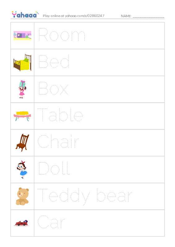 Picture and word rows worksheet for My bedroom