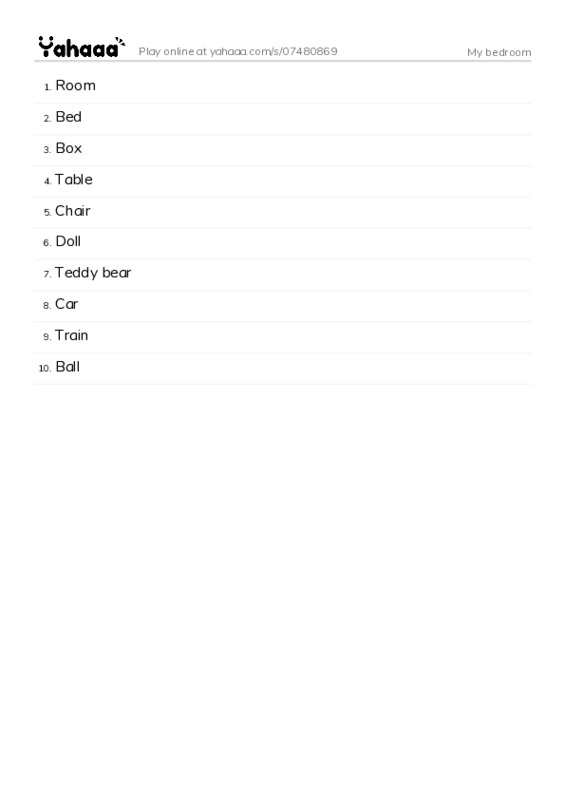 Word list with meanings worksheet for My bedroom