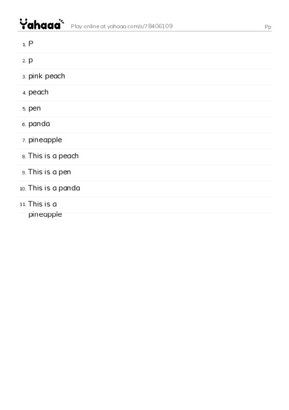 Word list with meanings worksheet for Pp