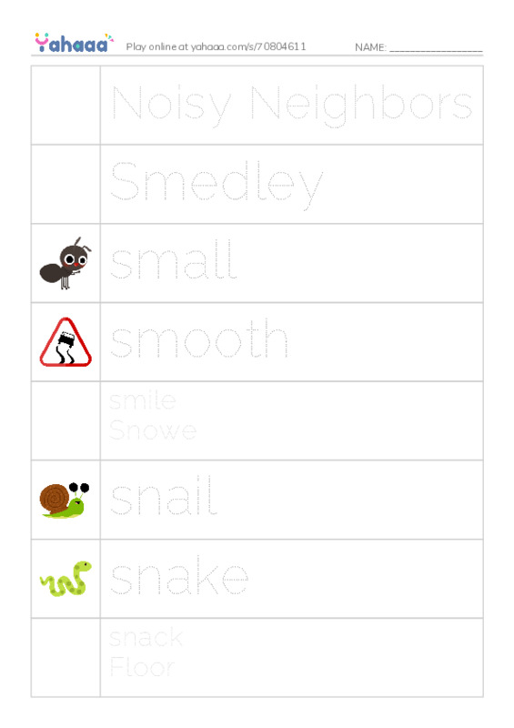 Picture and word rows worksheet for Noisy Neighbors, Smedley, small and 9 more