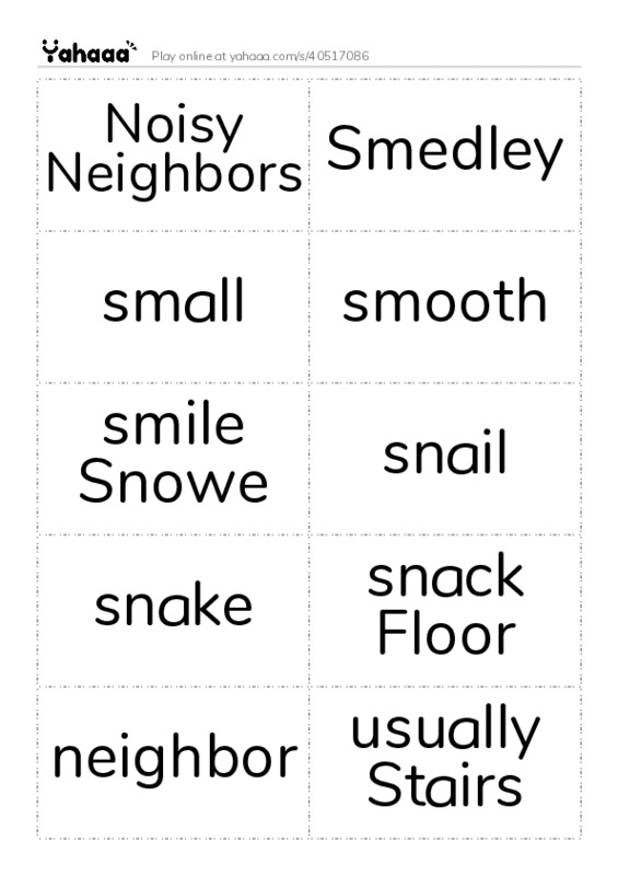 Word flashcards worksheet for Noisy Neighbors, Smedley, small and 9 more