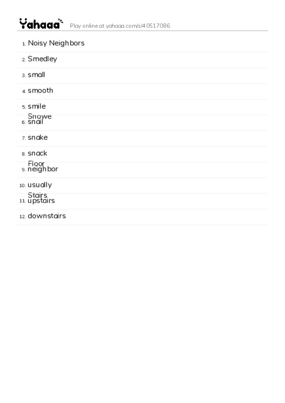 Word list with meanings worksheet for Noisy Neighbors, Smedley, small and 9 more
