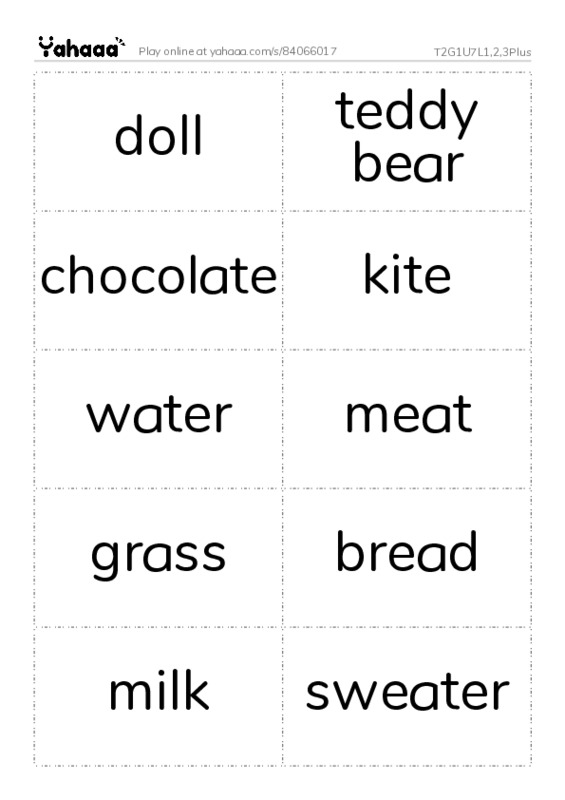 Word flashcards worksheet for T2G1U7L1,2,3Plus