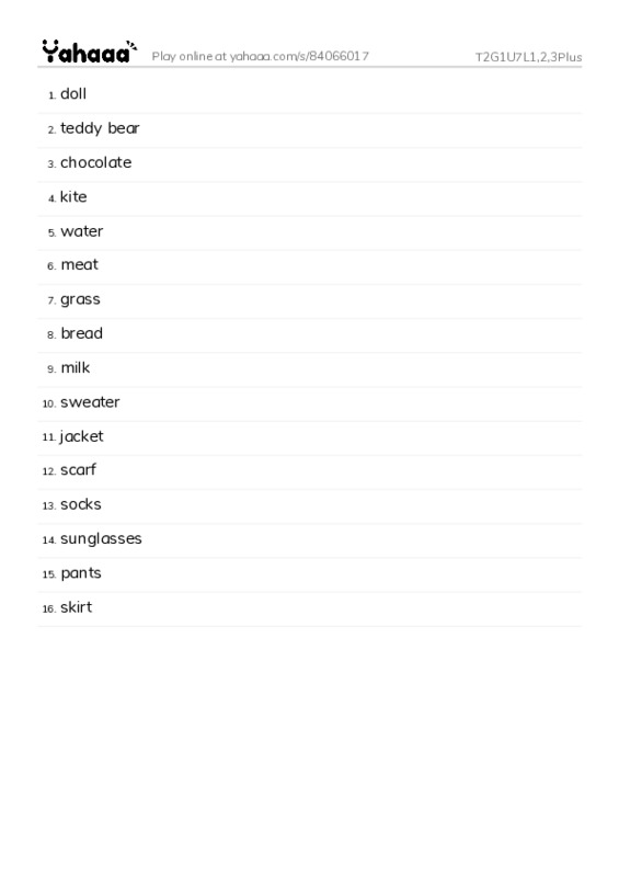 Word list with meanings worksheet for T2G1U7L1,2,3Plus