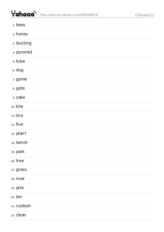 Word list with meanings worksheet for T2Grade2U1