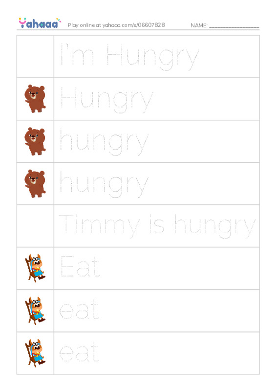 Picture and word rows worksheet for I’m Hungry, Hungry, hungry and 10 more