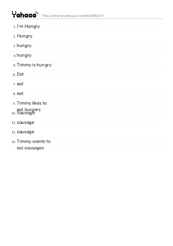 Word list with meanings worksheet for I’m Hungry, Hungry, hungry and 10 more