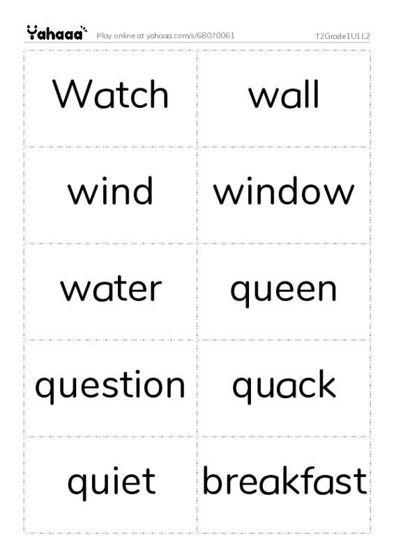 Word flashcards worksheet for T2Grade1U1L2