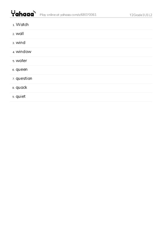 Word list with meanings worksheet for T2Grade1U1L2
