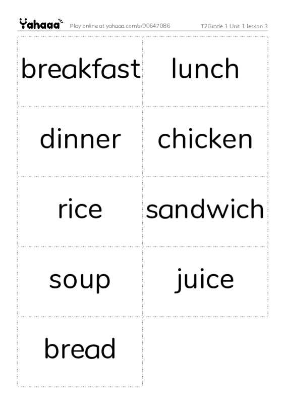 Word flashcards worksheet for T2Grade 1 Unit 1 lesson 3