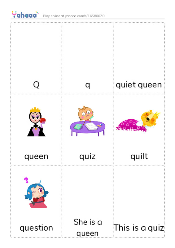 Picture flashcards worksheet for Q, q, quiet queen and 8 more