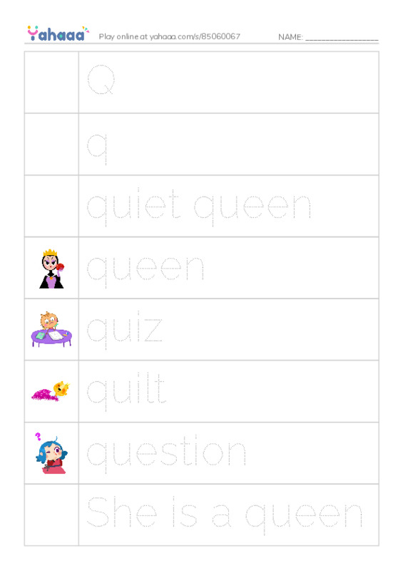 Picture and word rows worksheet for Q, q, quiet queen and 8 more